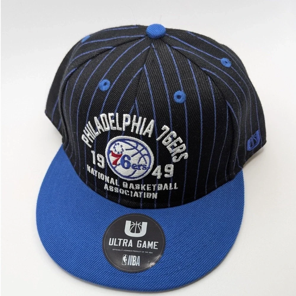 NWT Ultra Game Philadelphia 76ers‎ Hat Cap Pinstripe Black Blue Snapback NBA